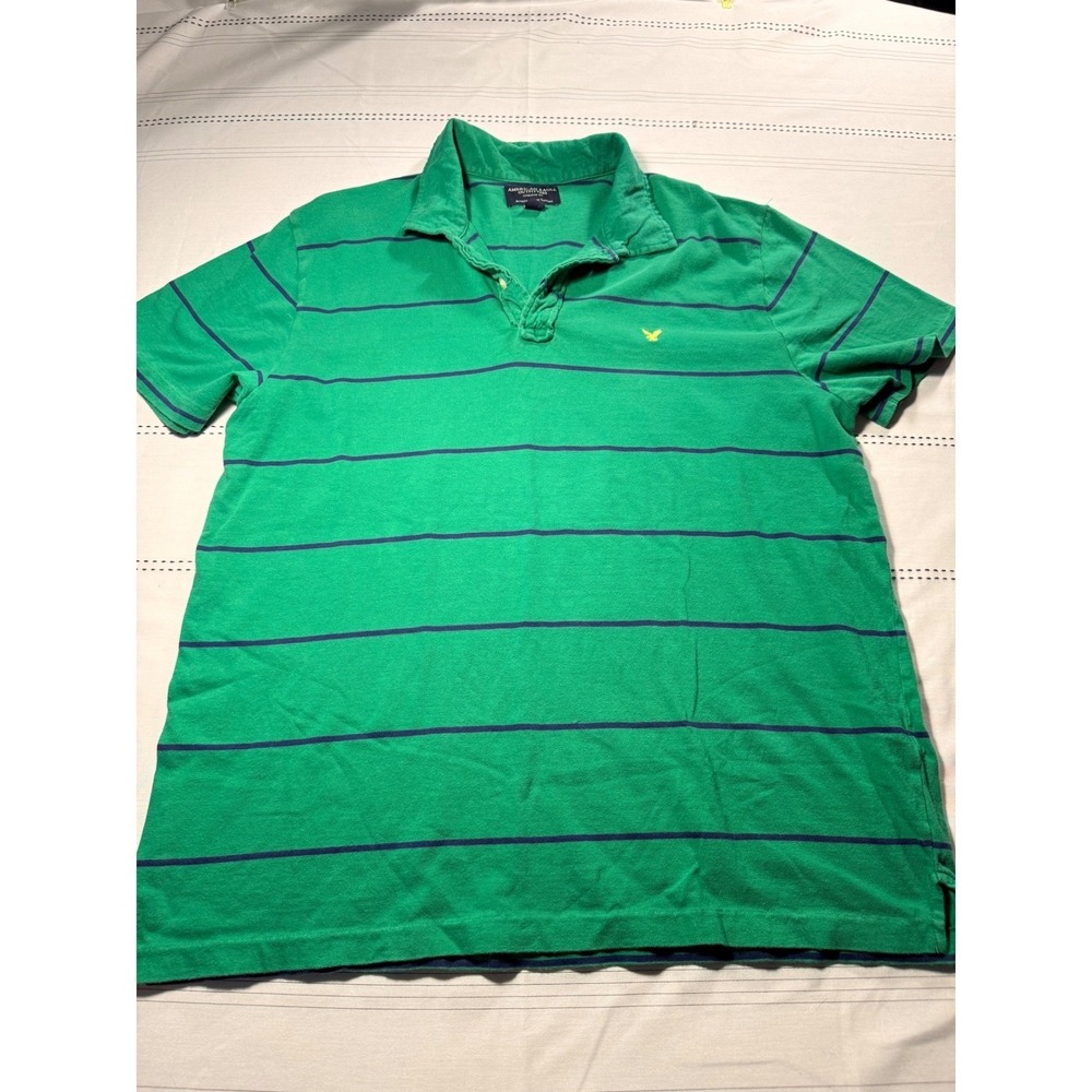 American Eagle Mens XL Green Navy Blue Striped Short Sleeve Polo Shirt Cotton